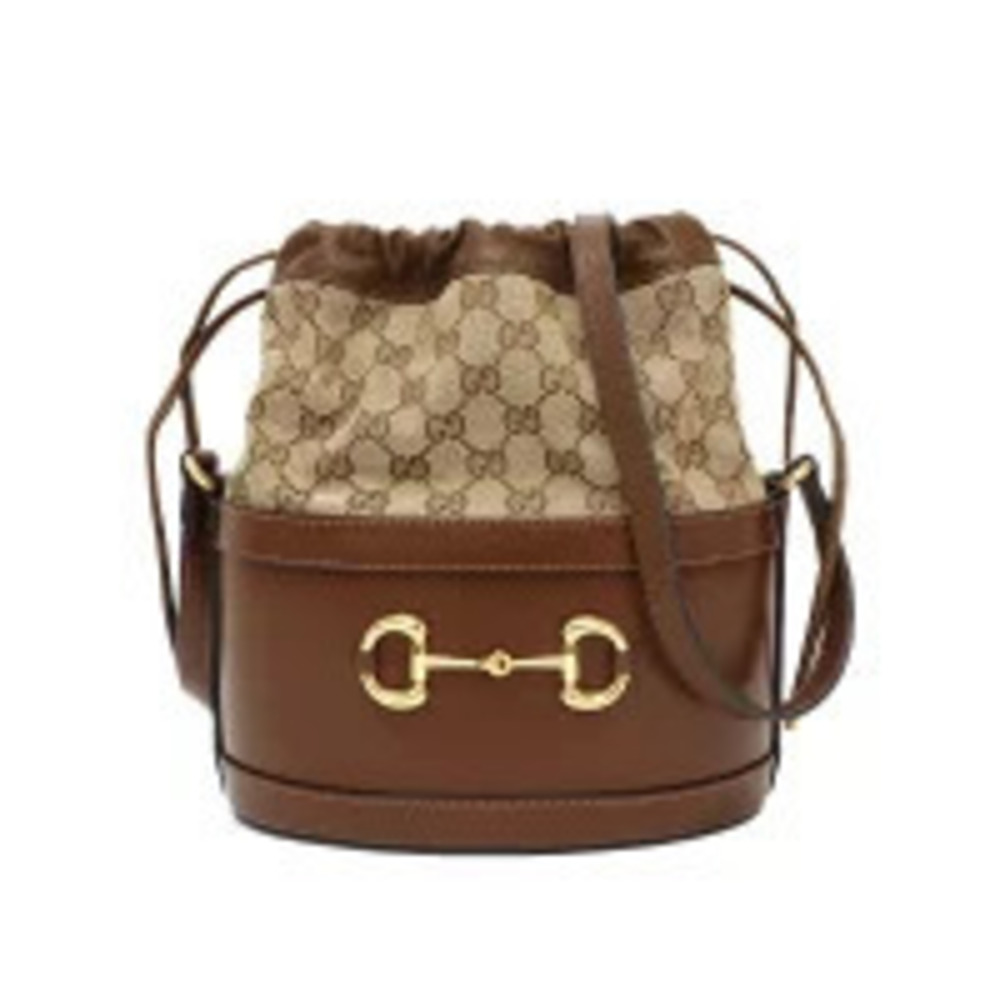 Gucci Horsebit GG Supreme Drawstring Leather Shoulder Bag Brown